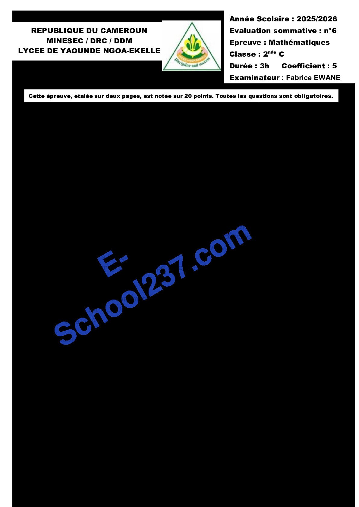 EVALUATION N°6 2ndeC Lycée de ngoa ékélé